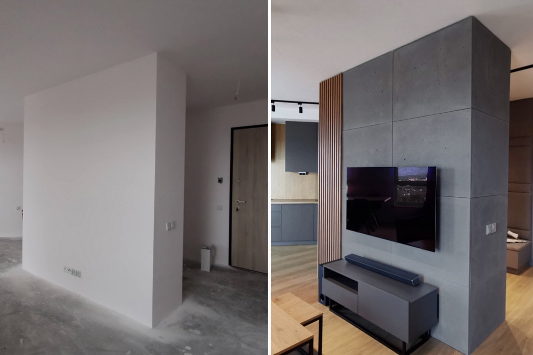 Porównanie stanu surowego i wykończonego wnętrza: białe ściany przed i betonowa ściana z telewizorem po remoncie, widoczne elementy drewniane i szara zabudowa kuchenna w tle.