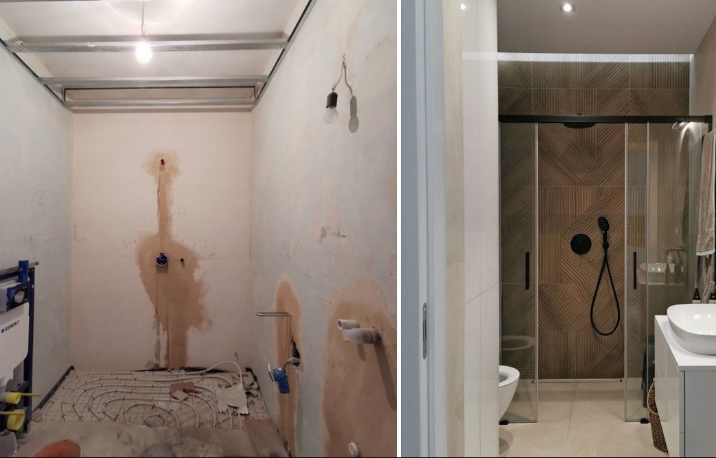 Porównanie stanu surowego i wykończonego pomieszczenia: instalacja ogrzewania podłogowego, surowa ściana z instalacjami vs. kabina prysznicowa z deszczownicą i umywalką na szafce.