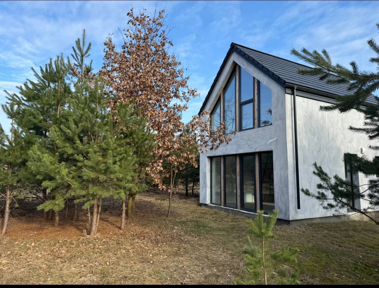Nowoczesny dom jednorodzinny z dużymi oknami, wykończony jasnoszarym tynkiem strukturalnym, otoczony młodymi drzewami iglastymi i liściastymi, widok z zewnątrz.