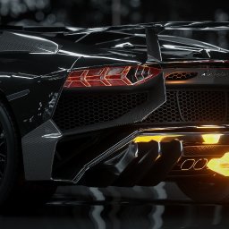 3damian.pl - Czarny sportowy samochód Lamborghini Aventador z widocznymi płomieniami wydobywającymi się z rury wydechowej, tylne światła włączone, karbonowe elementy karoserii, czarne felgi z czerwonymi...