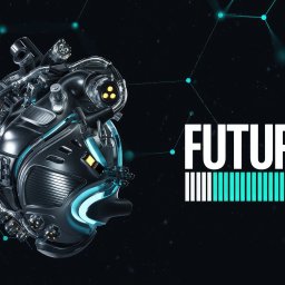 3damian.pl - Futurystyczna, metaliczna kula z elementami mechanicznymi i świecącymi detalami na ciemnym tle z napisem 'FUTURE' i graficznymi połączeniami.