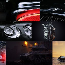 3damian.pl - Kompozycja renderowanych obrazów: czarne sportowe samochody, detale luksusowego auta, silnik, czołg w zniszczonym mieście i jacht na tle zachodzącego słońca.