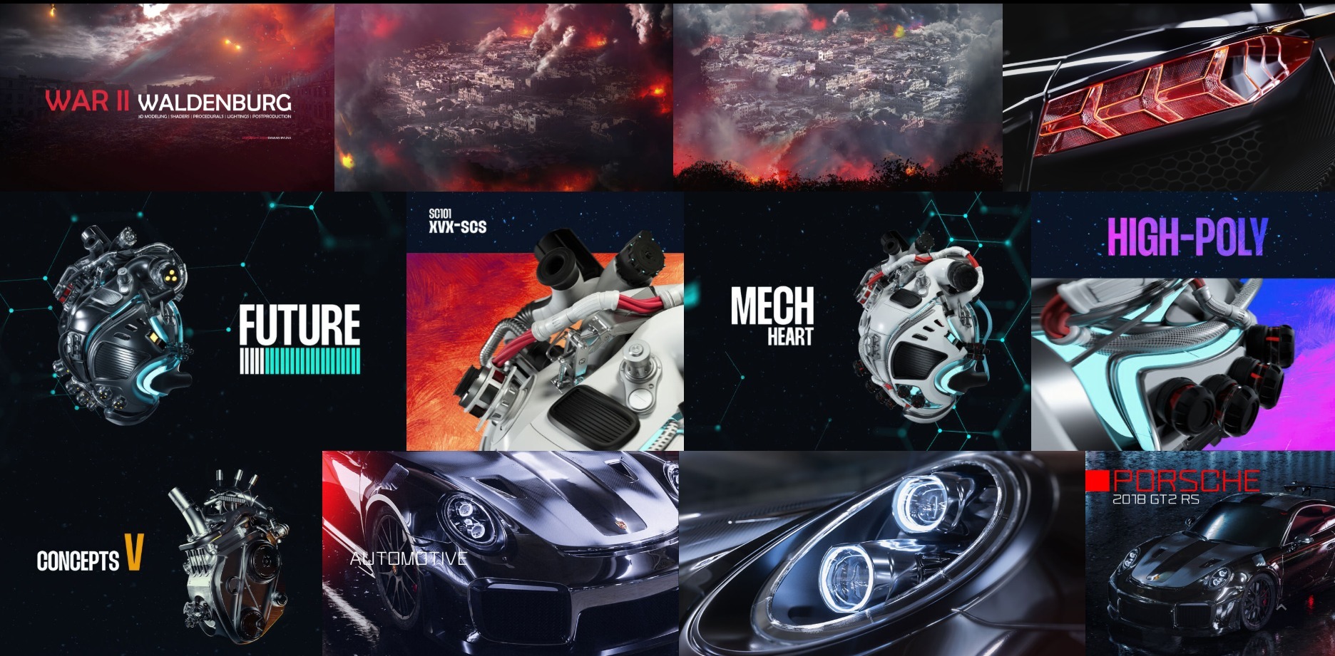 Kompozycja cyfrowa przedstawiająca różnorodne projekty graficzne: wizualizacje 3D z motywami wojennymi, futurystycznymi sercami mechanicznymi, detalami samochodów sportowych Porsche i Lamborghini...