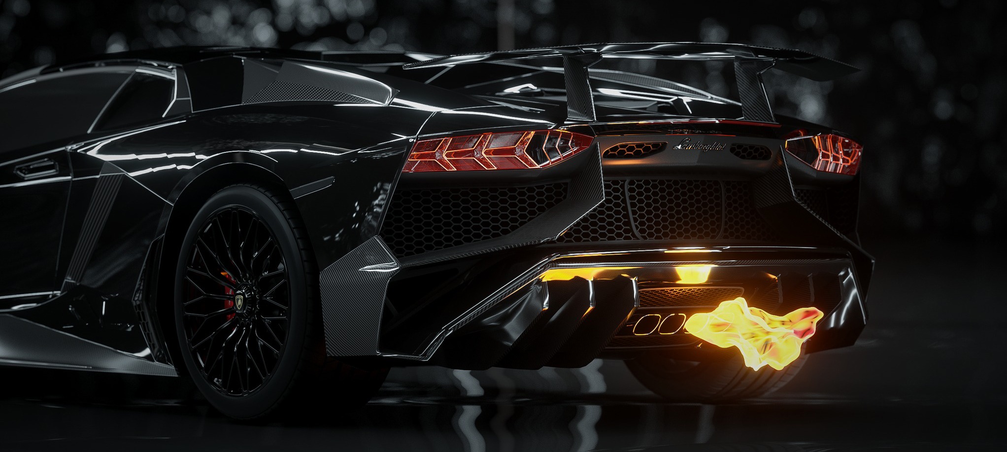 Czarny sportowy samochód Lamborghini Aventador z widocznymi płomieniami wydobywającymi się z rury wydechowej, tylne światła włączone, karbonowe elementy karoserii, czarne felgi z czerwonymi...