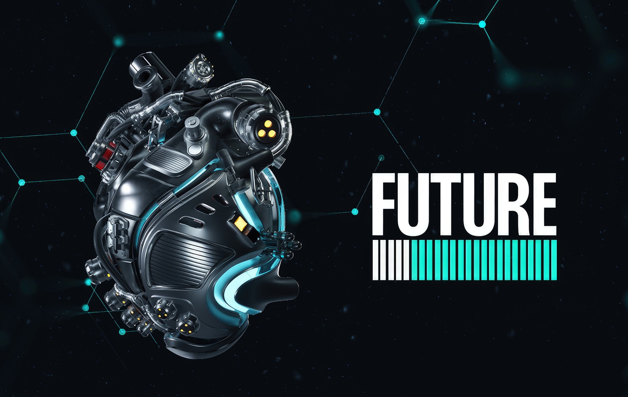Futurystyczna, metaliczna kula z elementami mechanicznymi i świecącymi detalami na ciemnym tle z napisem 'FUTURE' i graficznymi połączeniami.