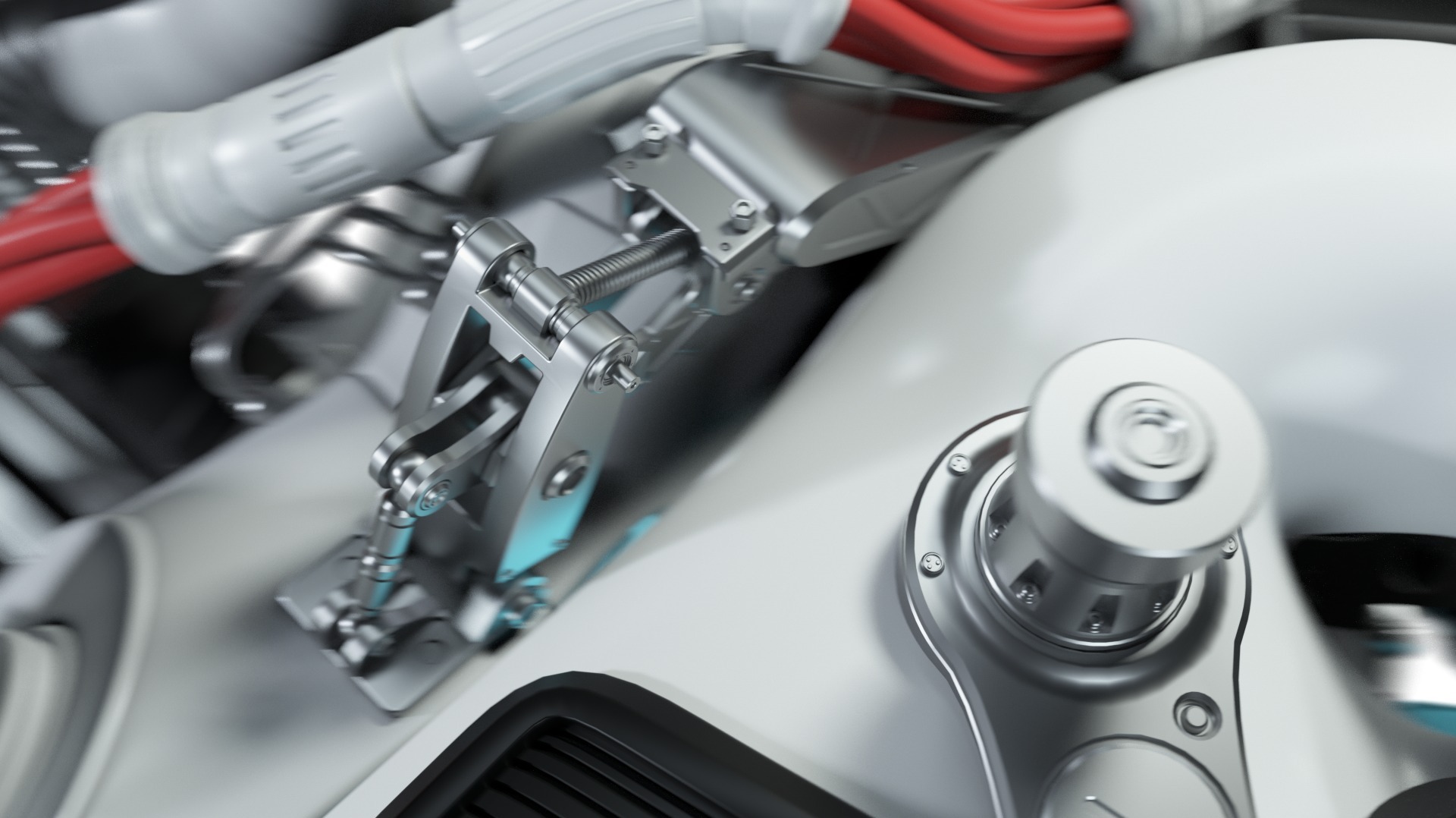 Szczegółowe ujęcie srebrnych mechanizmów i białych elementów obudowy urządzenia, z czerwonymi kablami w tle, sfotografowane z bliska z efektem rozmycia ruchu.