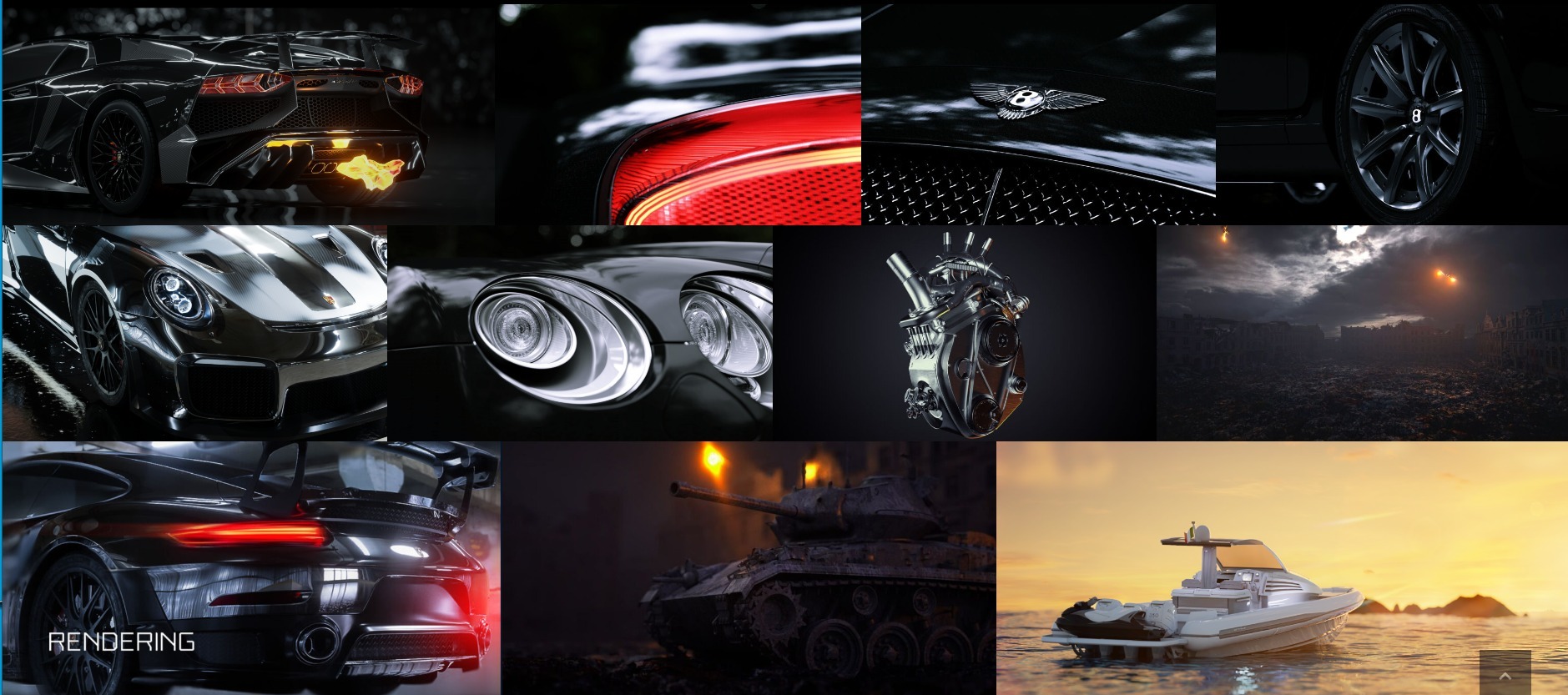 Kompozycja renderowanych obrazów: czarne sportowe samochody, detale luksusowego auta, silnik, czołg w zniszczonym mieście i jacht na tle zachodzącego słońca.