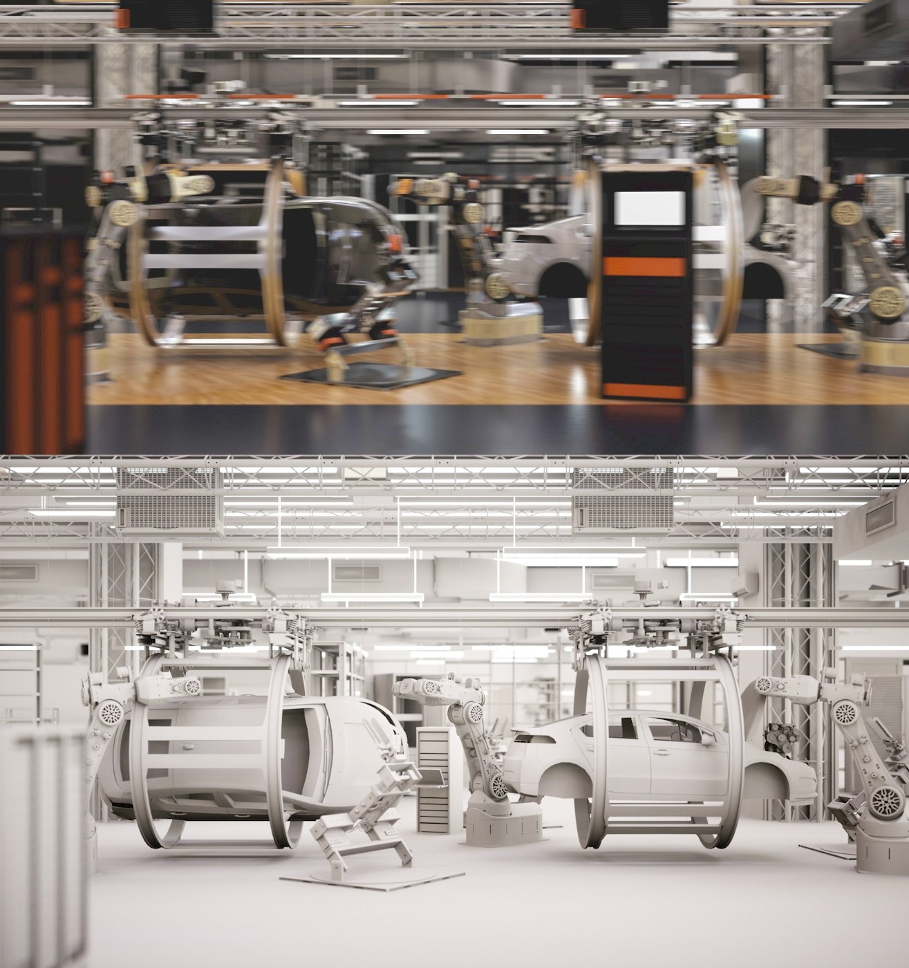 Zautomatyzowana linia produkcyjna samochodów z robotami przemysłowymi, prezentująca proces montażu karoserii, z uwzględnieniem perspektywy z dwóch różnych poziomów hali produkcyjnej.