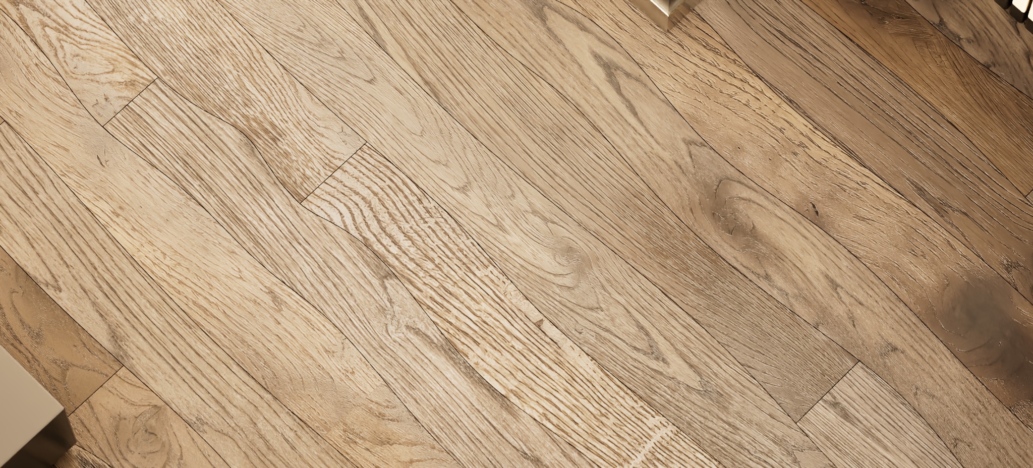 Jasne, drewniane panele podłogowe ułożone diagonalnie, z widoczną strukturą drewna i delikatnymi usłojeniami.