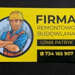 Żółta wizytówka firmy remontowo-budowlanej z uśmiechniętym rysunkiem majstra w kasku i pomarańczowej kamizelce, imieniem Ujma Patryk i numerem telefonu.