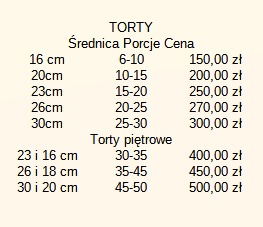 Cennik tortów: średnica, liczba porcji i cena dla tortów standardowych oraz piętrowych.