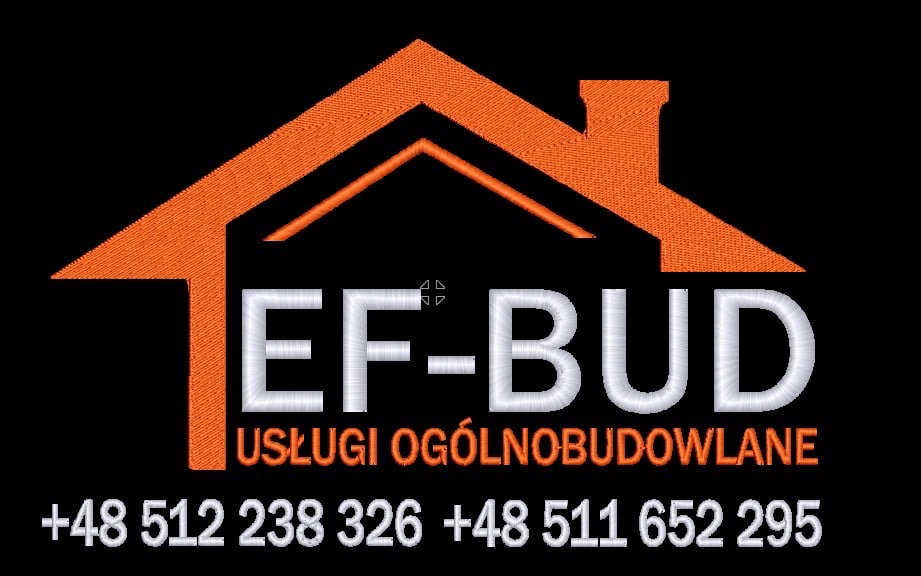 Logo firmy EF-BUD z pomarańczowym dachem domu, białym napisem 'EF-BUD USŁUGI OGÓLNOBUDOWLANE' oraz numerami telefonów na czarnym tle.
