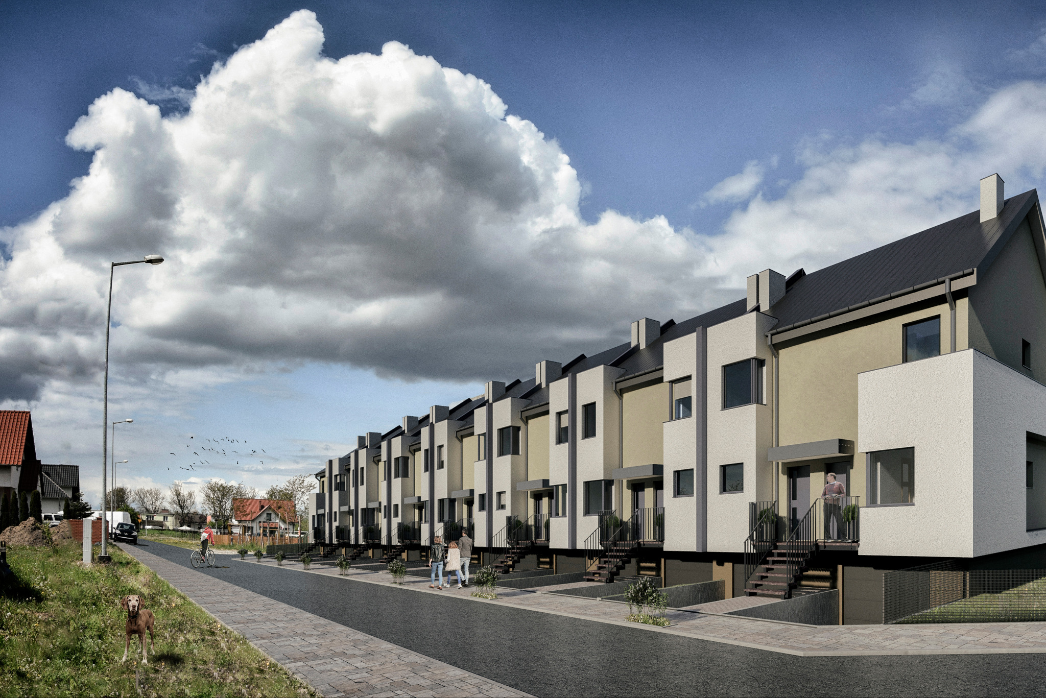 Wizualizacja szeregu nowoczesnych domów jednorodzinnych z płaskimi dachami, w odcieniach bieli, szarości i beżu, z widocznymi schodami wejściowymi, oświetlonych naturalnym światłem słonecznym...