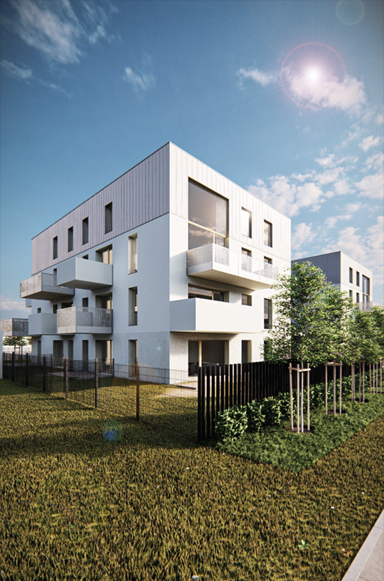 Wizualizacja nowoczesnego, trzypiętrowego budynku mieszkalnego z balkonami, ogrodzonego płotem, otoczonego trawnikiem i młodymi drzewami w słoneczny dzień.