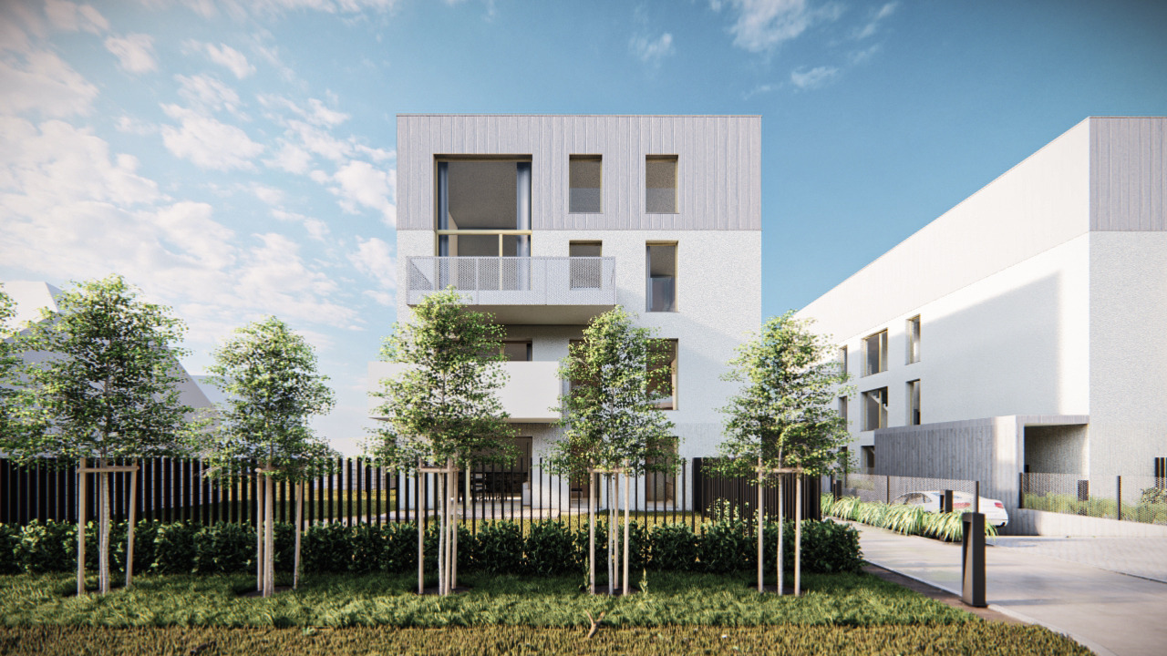 Wizualizacja nowoczesnego, trzypiętrowego budynku mieszkalnego z białymi ścianami i szarym wykończeniem górnej części, widok z poziomu trawnika z młodymi drzewami i czarnym ogrodzeniem.
