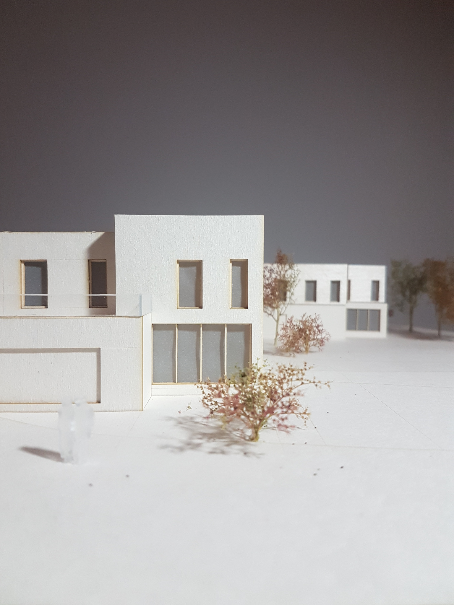 Architektoniczna makieta dwukondygnacyjnego, minimalistycznego domu z płaskim dachem, garażem i dużymi oknami, otoczona miniaturowymi drzewami na białym tle, prezentująca koncepcję projektu.