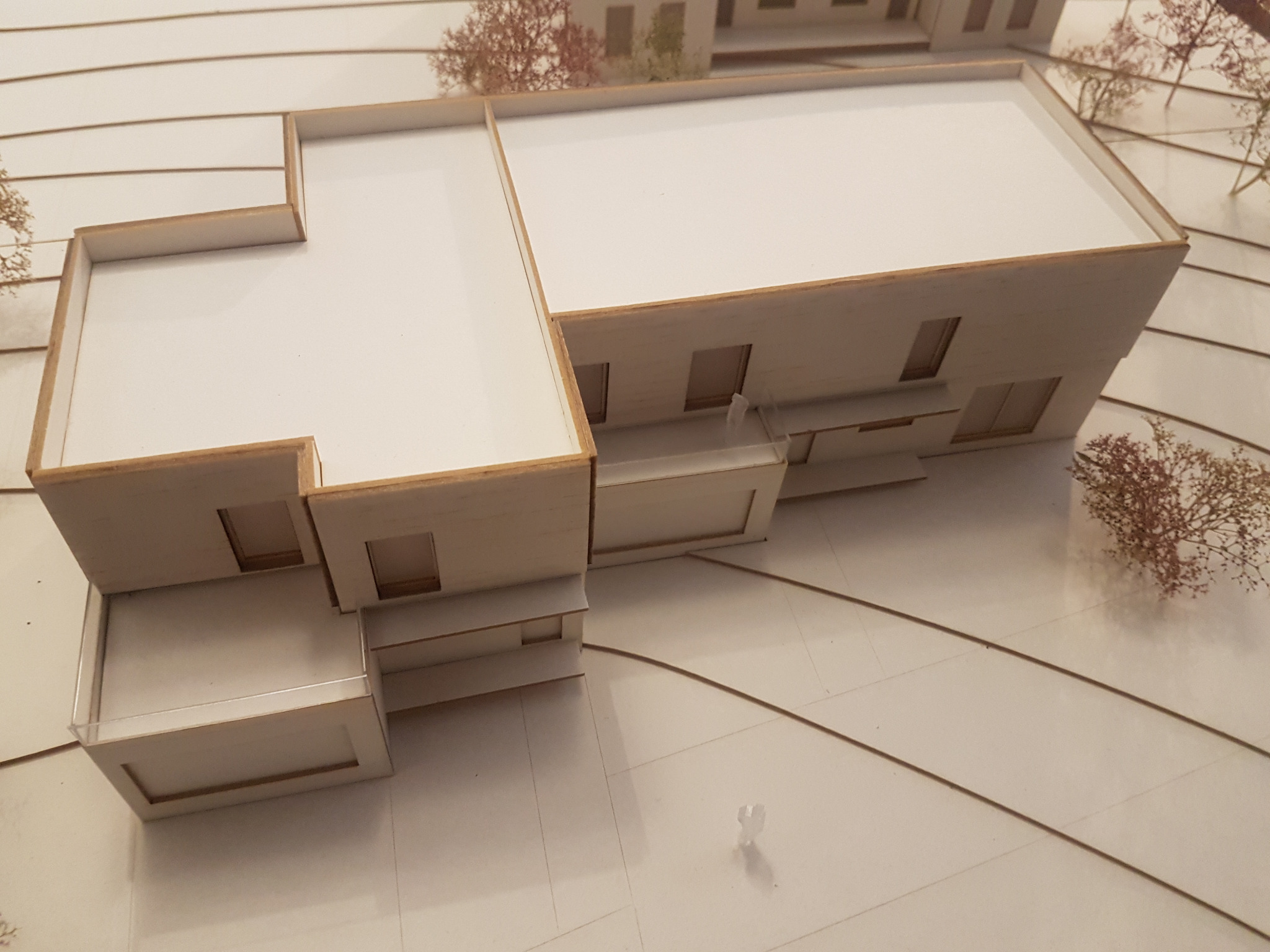 Architektoniczna makieta dwukondygnacyjnego domu z płaskim dachem, ukazująca strukturę budynku i otoczenie z miniaturowymi drzewami.