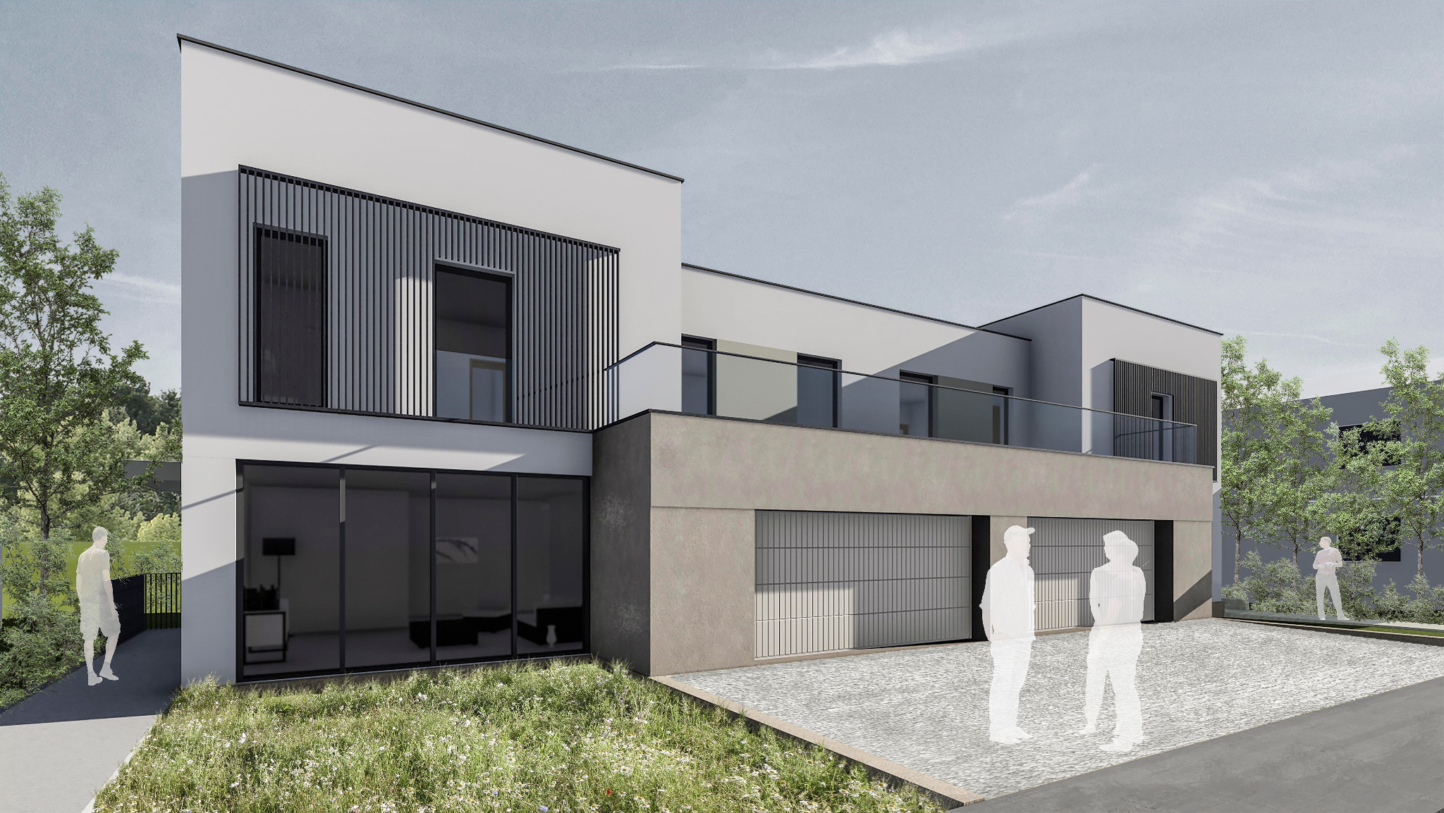 Wizualizacja nowoczesnego domu jednorodzinnego z płaskim dachem, szarymi elewacjami i elementami drewnianymi, otoczonego zielenią, z widocznymi postaciami ludzkimi.