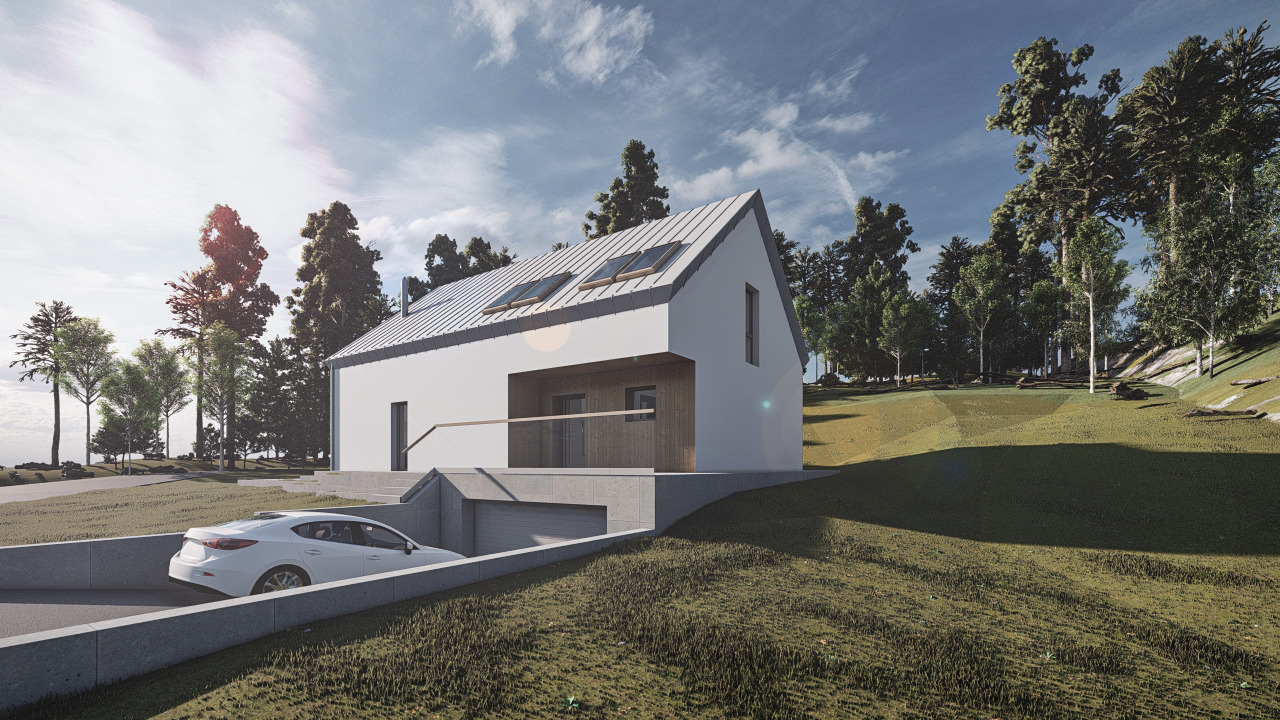 Wizualizacja nowoczesnego, białego domu jednorodzinnego z garażem podziemnym, biały samochód na podjeździe, blaszany dach z oknami dachowymi, otoczenie zieleni, słoneczny dzień.
