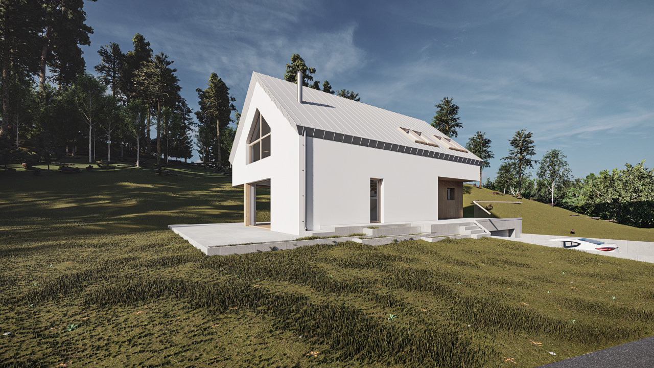 Wizualizacja nowoczesnego, białego domu jednorodzinnego z dwuspadowym dachem i podjazdem do garażu podziemnego, otoczonego zielonym wzgórzem z drzewami.
