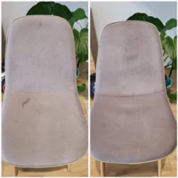 Krzesło tapicerowane z widoczną plamą przed i po czyszczeniu, prezentujące efekt usługi.