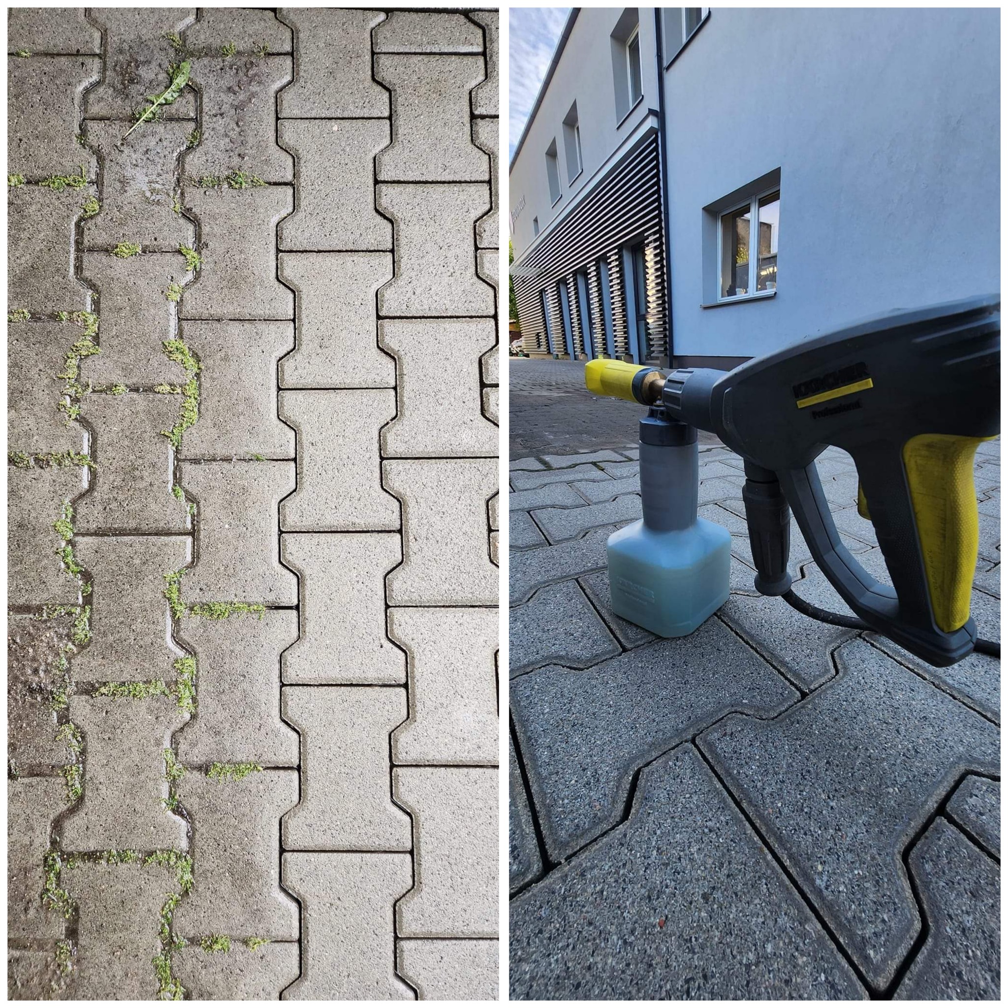 Dwuczęściowe ujęcie: po lewej kostka brukowa z mchem w szczelinach, po prawej urządzenie ciśnieniowe Karcher z pojemnikiem na detergent, budynek w tle.