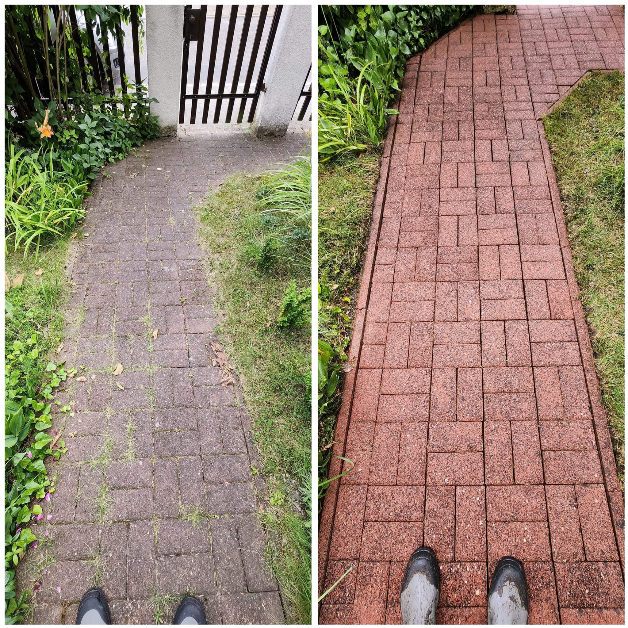 Porównanie stanu kostki brukowej przed i po czyszczeniu, widoczne różnice w kolorze i czystości, z fragmentem butów w dolnej części kadru.