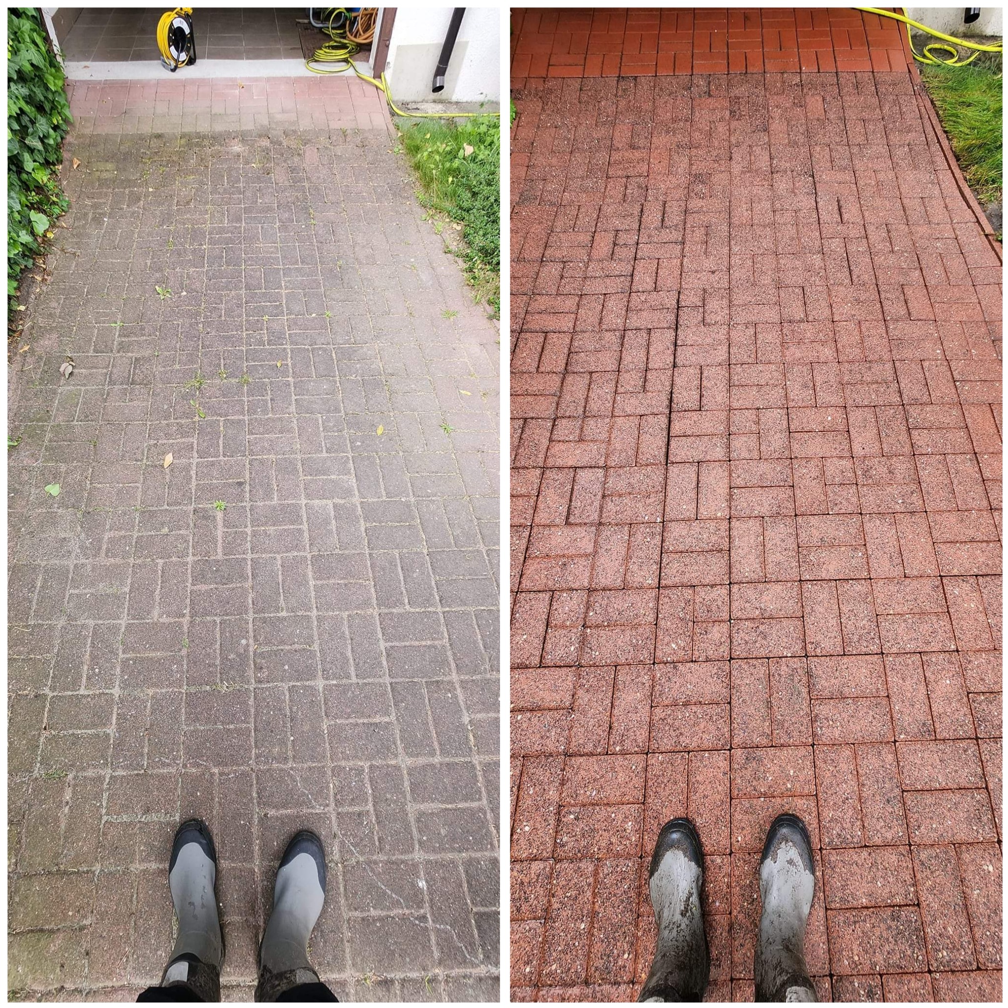 Porównanie kostki brukowej przed i po czyszczeniu, widoczne różnice w kolorze i usunięte zabrudzenia, ujęcie z perspektywy osoby stojącej na kostce w gumowych butach.