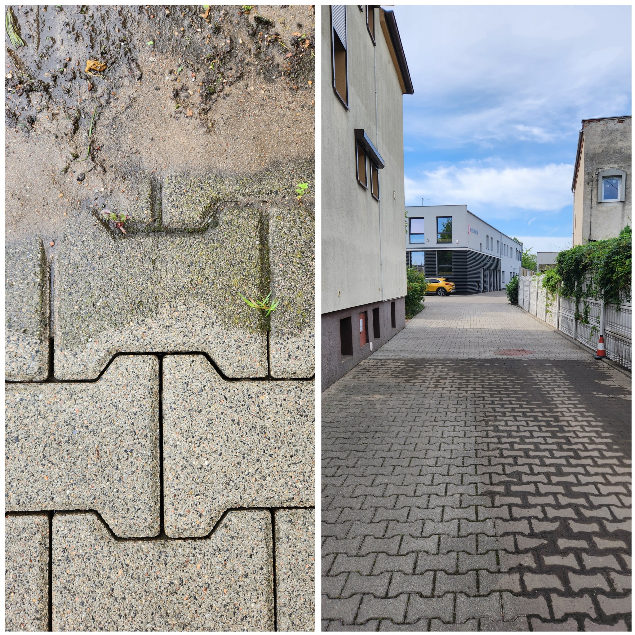 Dzielona fotografia kostki brukowej: po lewej stronie brudna, z resztkami błota i roślinności, po prawej stronie czysta, ułożona wzdłuż ścieżki między budynkami w słoneczny dzień.
