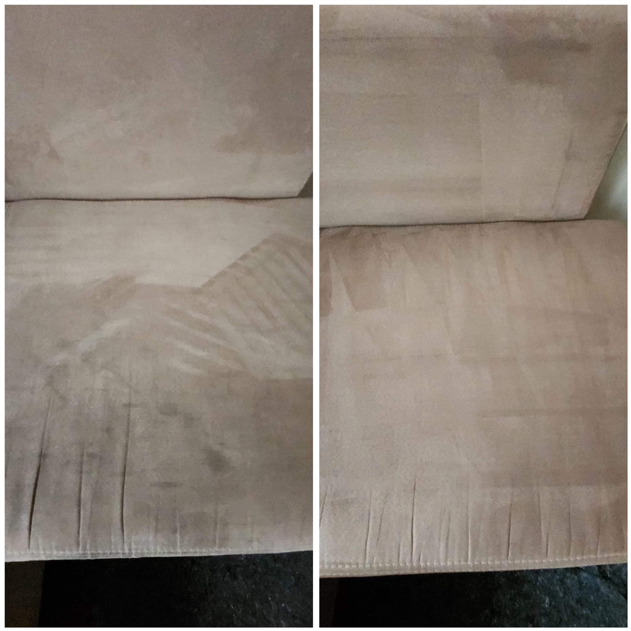 Beżowa kanapa z widoczną różnicą w czystości: po lewej stronie zabrudzenia, po prawej wyczyszczona powierzchnia, ukazująca efekt usługi.