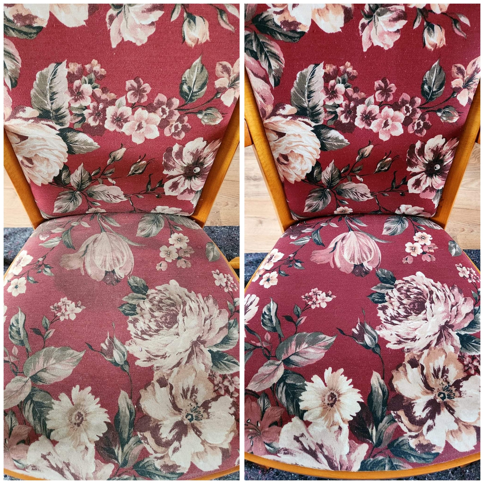 Porównanie fotela z czerwonej tkaniny w kwiaty: lewa strona przed czyszczeniem, widoczny brud, prawa strona po czyszczeniu, odświeżony wygląd tkaniny.