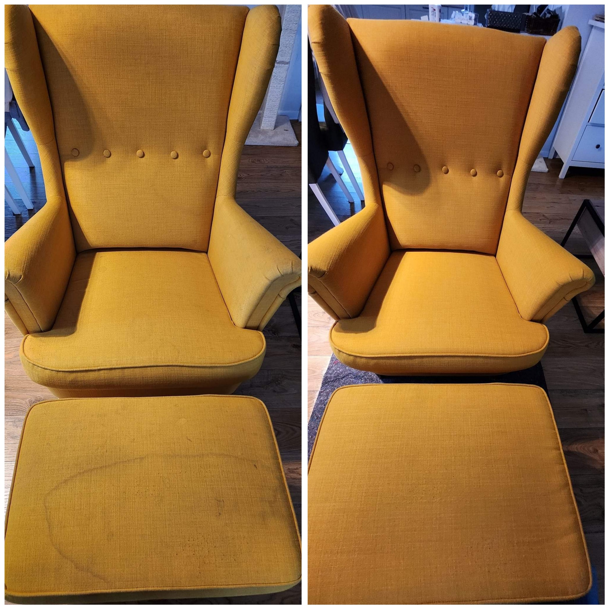 Żółty fotel typu uszak z podnóżkiem, ujęcie przed i po czyszczeniu, widoczne różnice w czystości tapicerki.