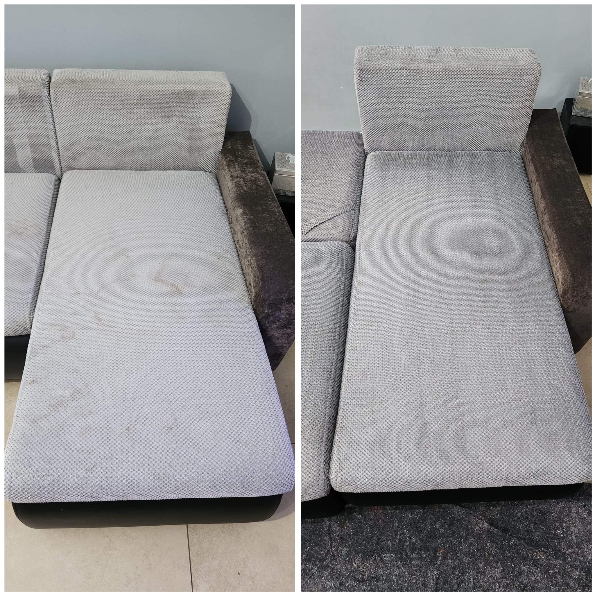 Porównanie: Fragment szarej kanapy modułowej, lewa strona ze śladami zabrudzeń, prawa strona po czyszczeniu, widoczna różnica w odcieniu i usunięcie plam.