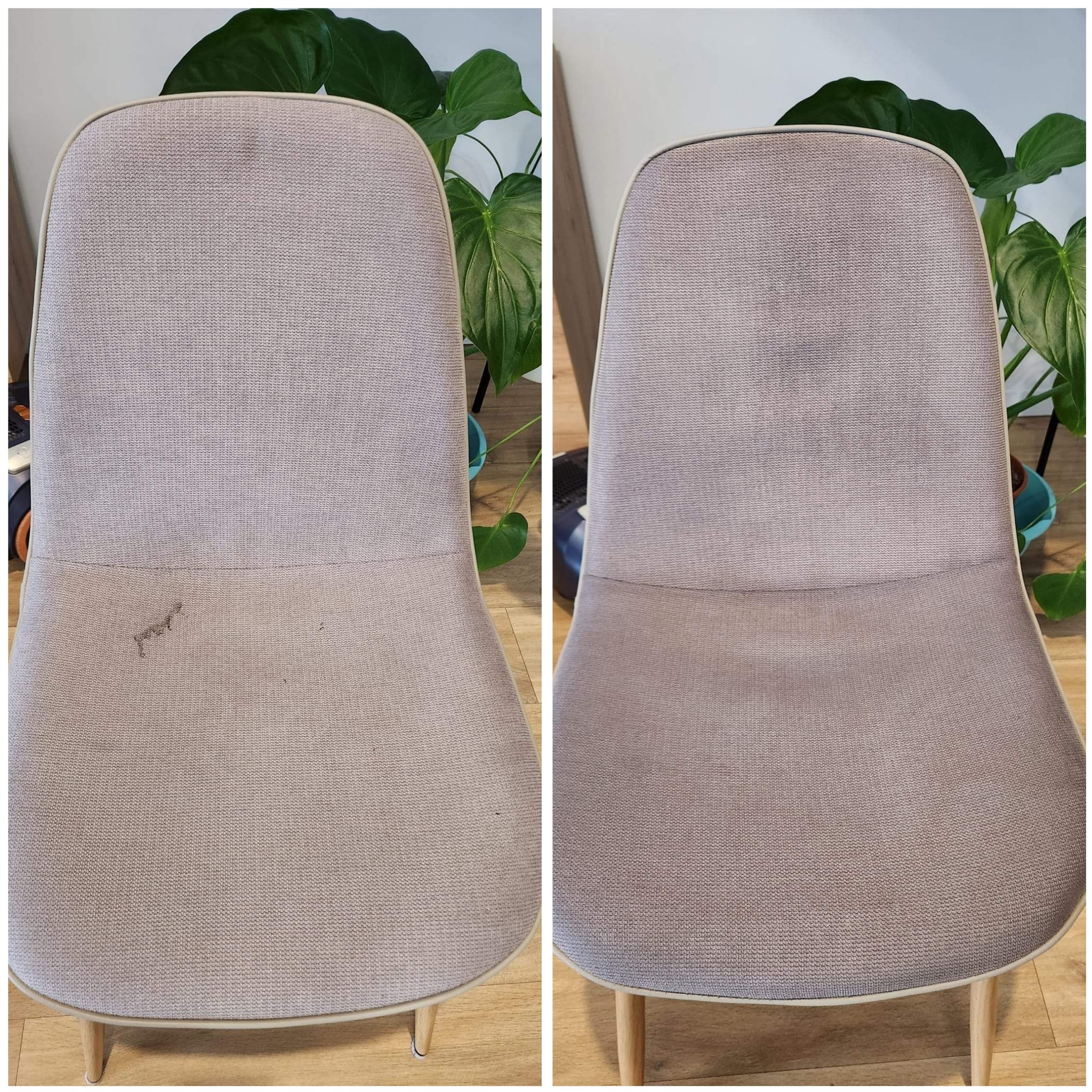 Krzesło tapicerowane z widoczną plamą przed i po czyszczeniu, prezentujące efekt usługi.