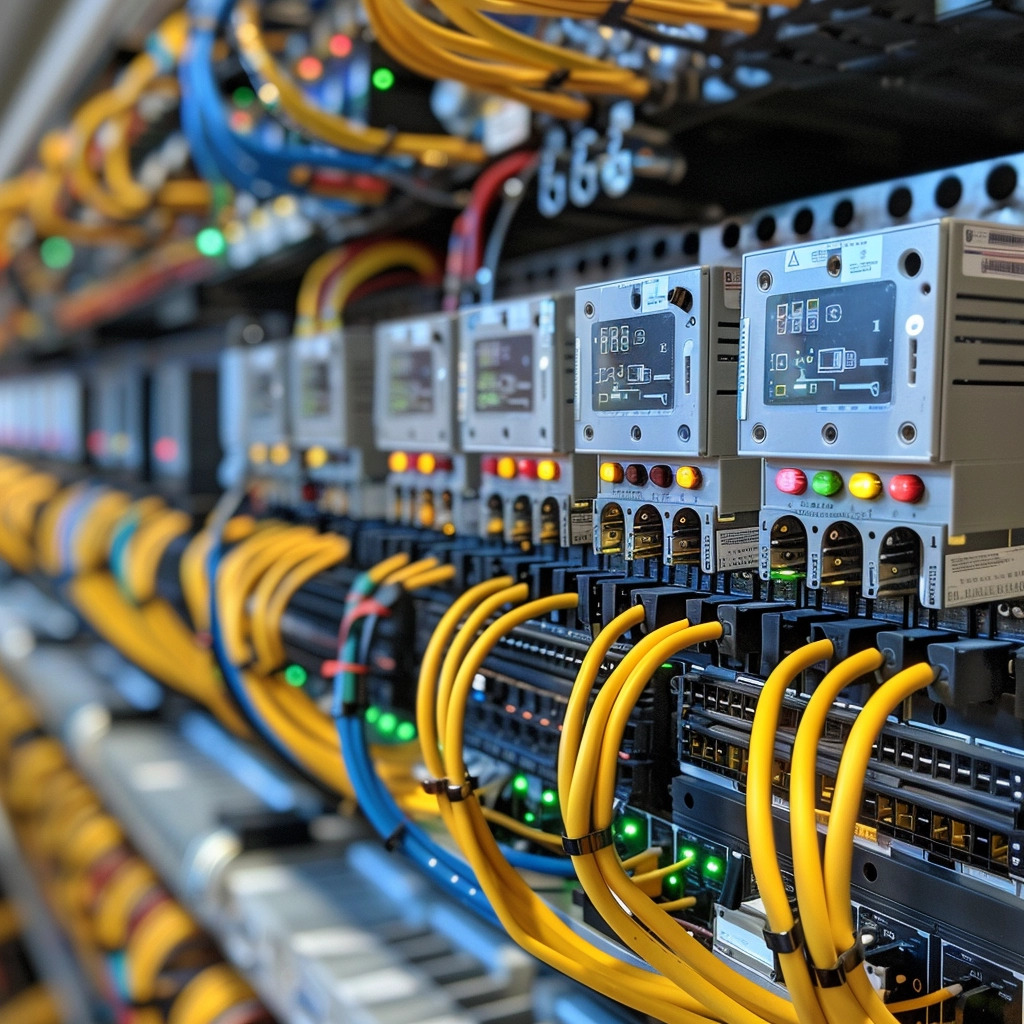 Rząd szaf sterowniczych z licznymi przewodami w kolorze żółtym i niebieskim, podłączonymi do paneli z wyświetlaczami i diodami sygnalizacyjnymi.