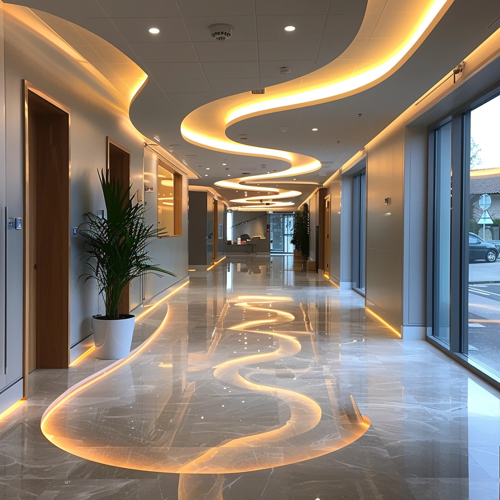 Nowoczesny korytarz biurowy z marmurową podłogą, falistym oświetleniem LED na suficie i podłodze, oraz roślinami w donicach.