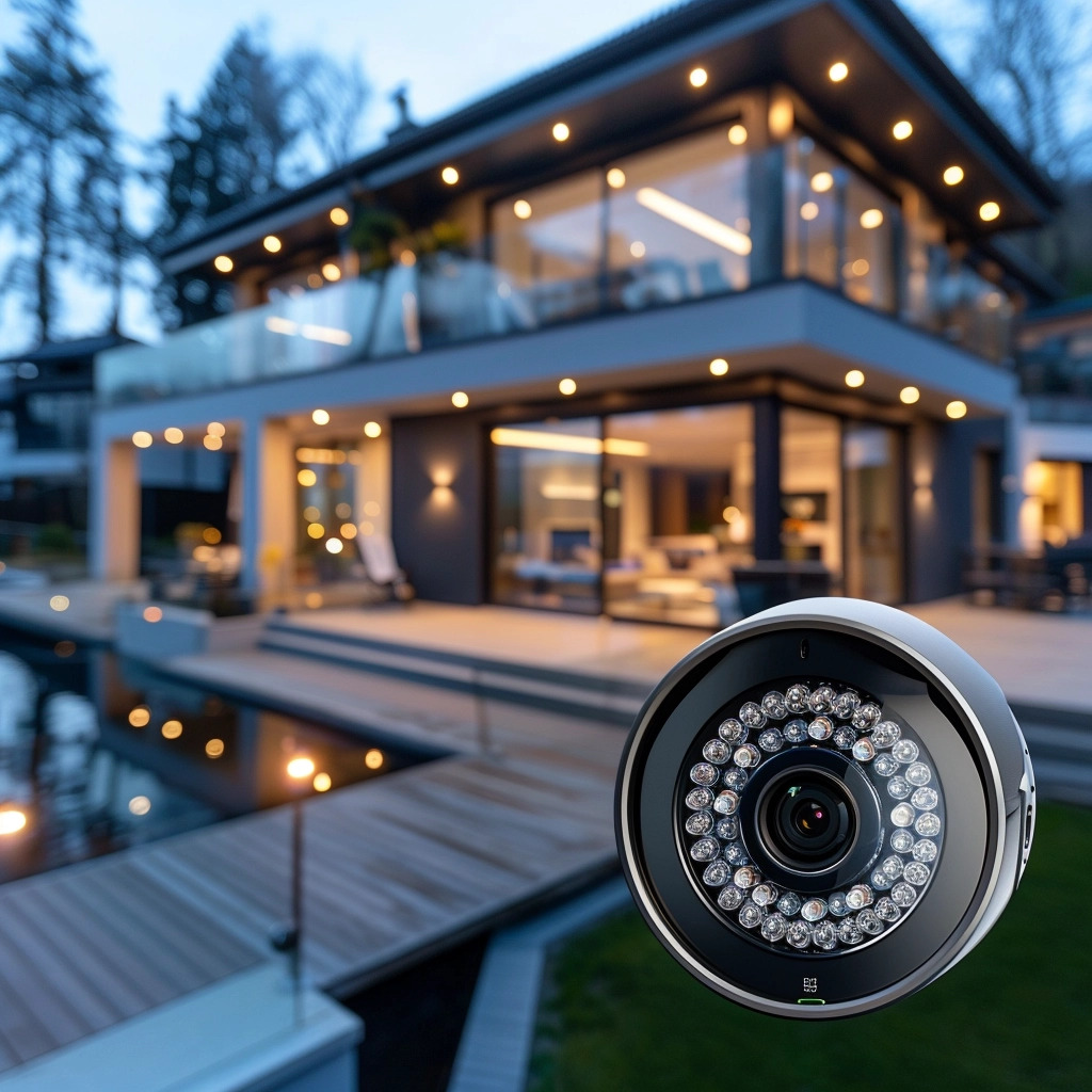 Zewnętrzna kamera monitoringu z podświetleniem LED na tle nowoczesnego domu z oświetleniem w Banino, widok na taras i wodę.