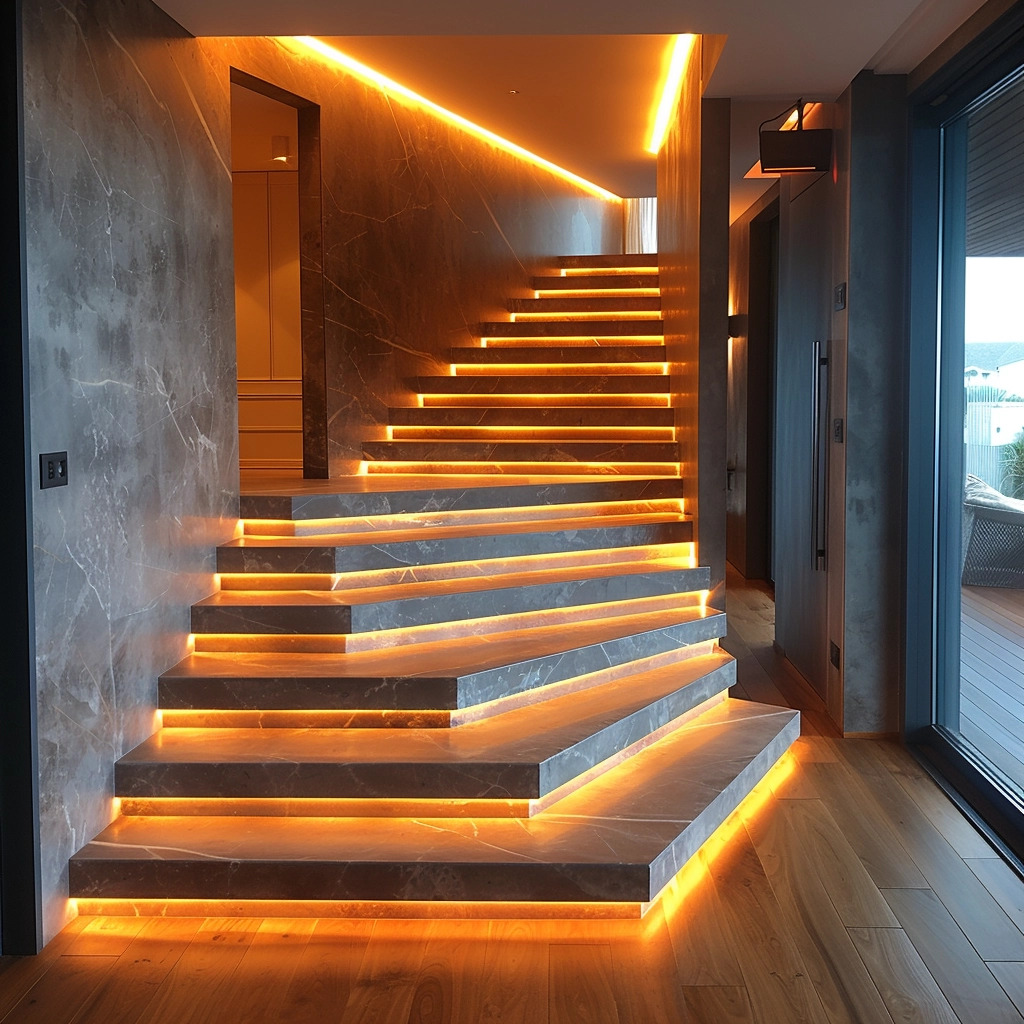 Marmurowe schody z podświetleniem LED w ciepłym odcieniu, prowadzące na górę, widoczne z dołu, z drewnianą podłogą i ścianami w kolorze szarości.