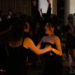 Młode kobiety w czarnych sukienkach tańczące na parkiecie podczas eventu, w tle rozmazane sylwetki innych uczestników.