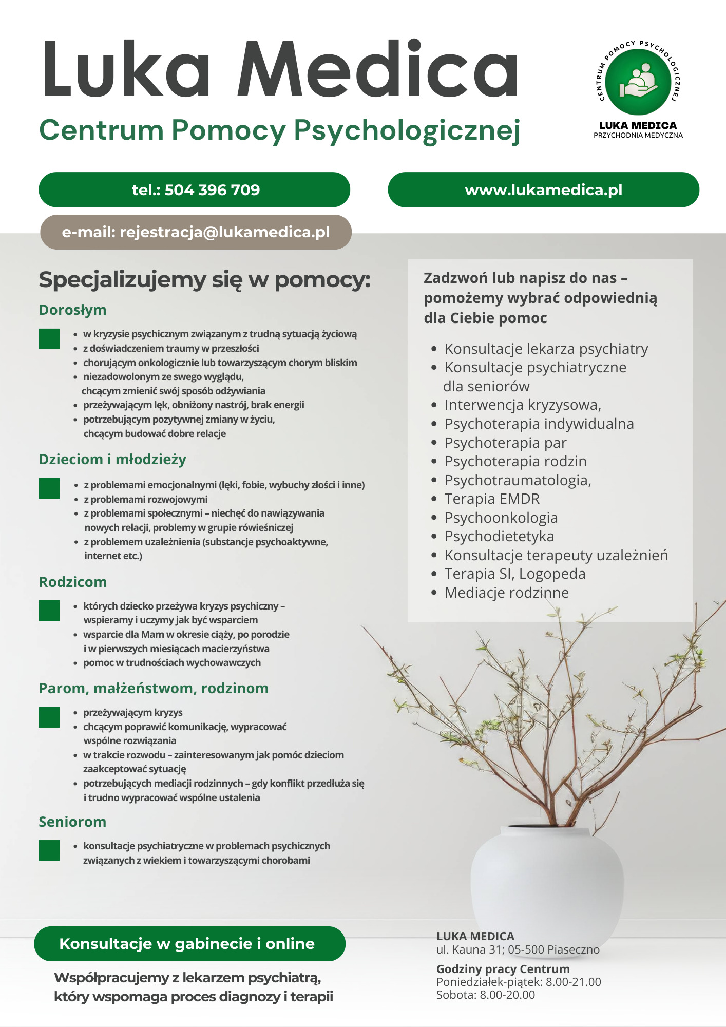 Plakat reklamowy centrum pomocy psychologicznej Luka Medica, prezentujący zakres usług dla dorosłych, dzieci, młodzieży, rodziców, par i seniorów, z danymi kontaktowymi i logo.