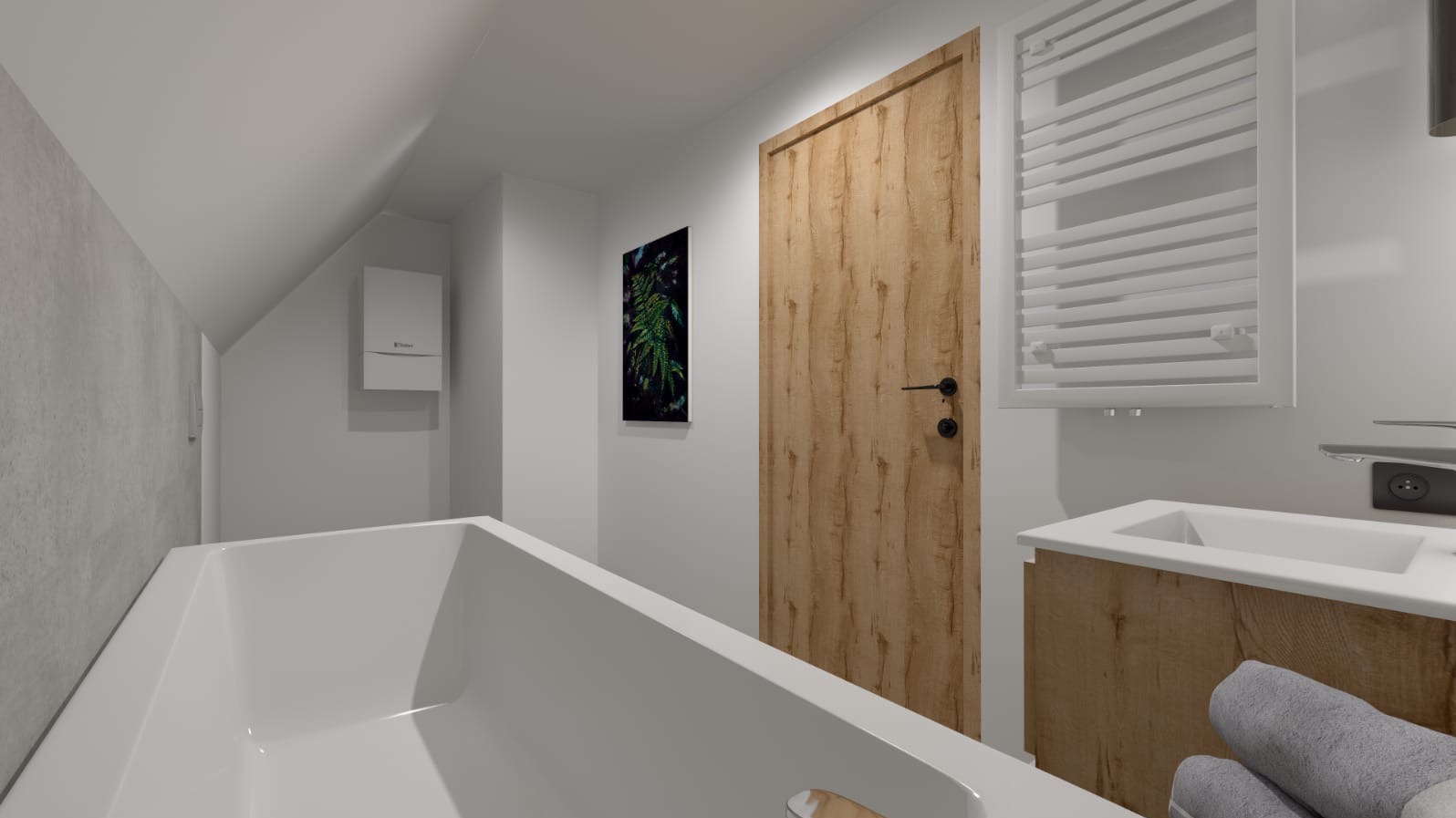 Wnętrze łazienki na poddaszu z białą wanną, drewnianą szafką pod umywalką, grzejnikiem drabinkowym i drzwiami z okleiną imitującą drewno.