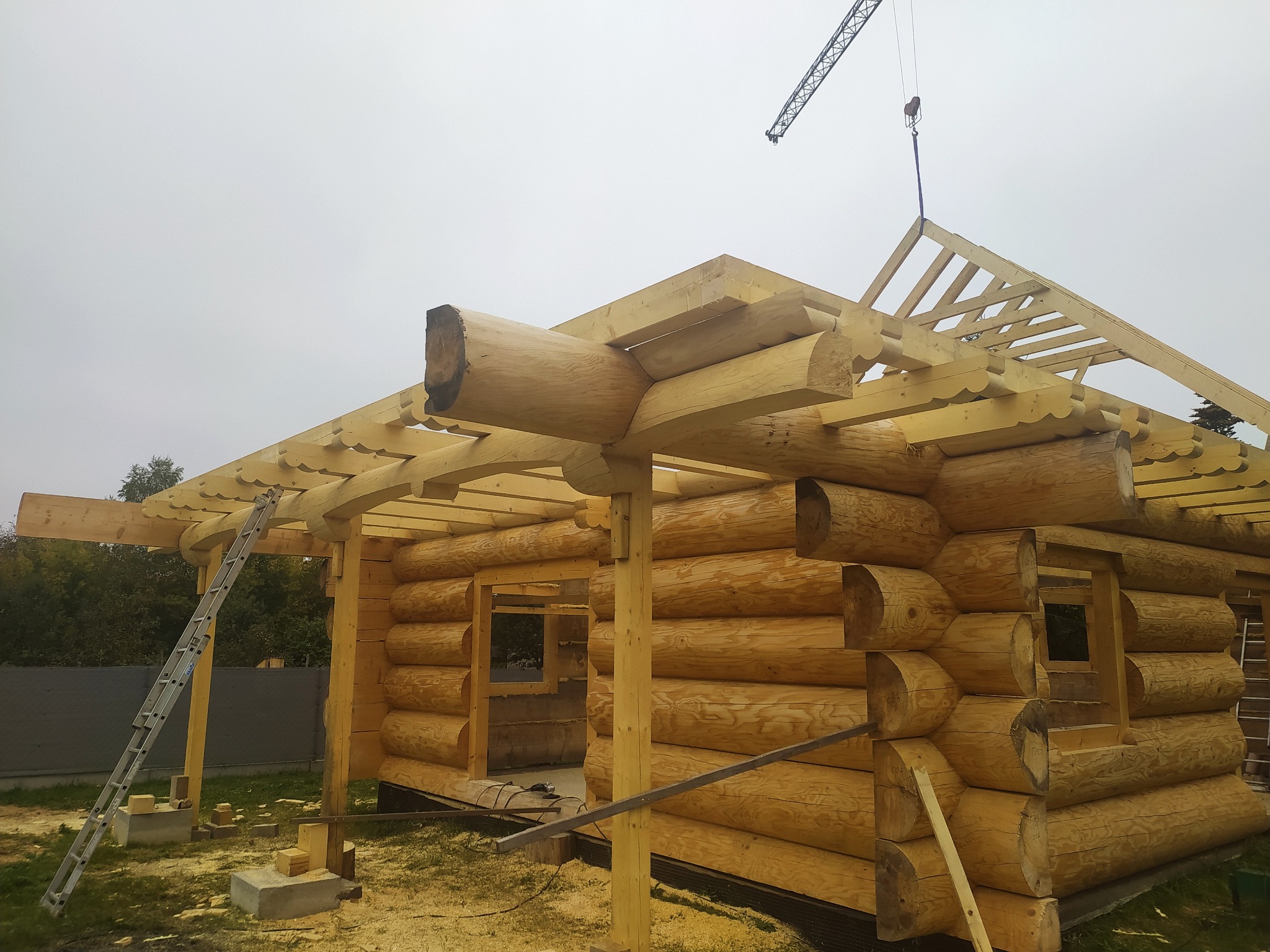 Budowa domu z bali: surowy stan, widoczna konstrukcja dachu podnoszona przez dźwig, drabina oparta o ścianę. Jasne drewno, pochmurne niebo w tle.