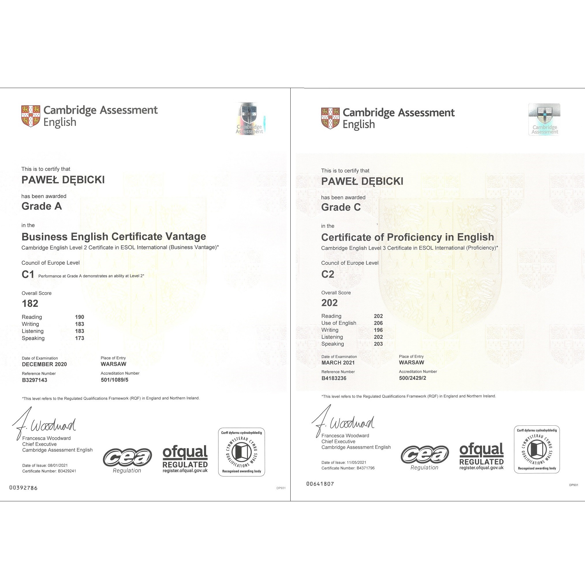 Dwa certyfikaty Cambridge Assessment English z różnymi ocenami (A i C), wskazujące na poziomy C1 i C2, z wynikami z poszczególnych umiejętności językowych oraz datami egzaminów i numerami...