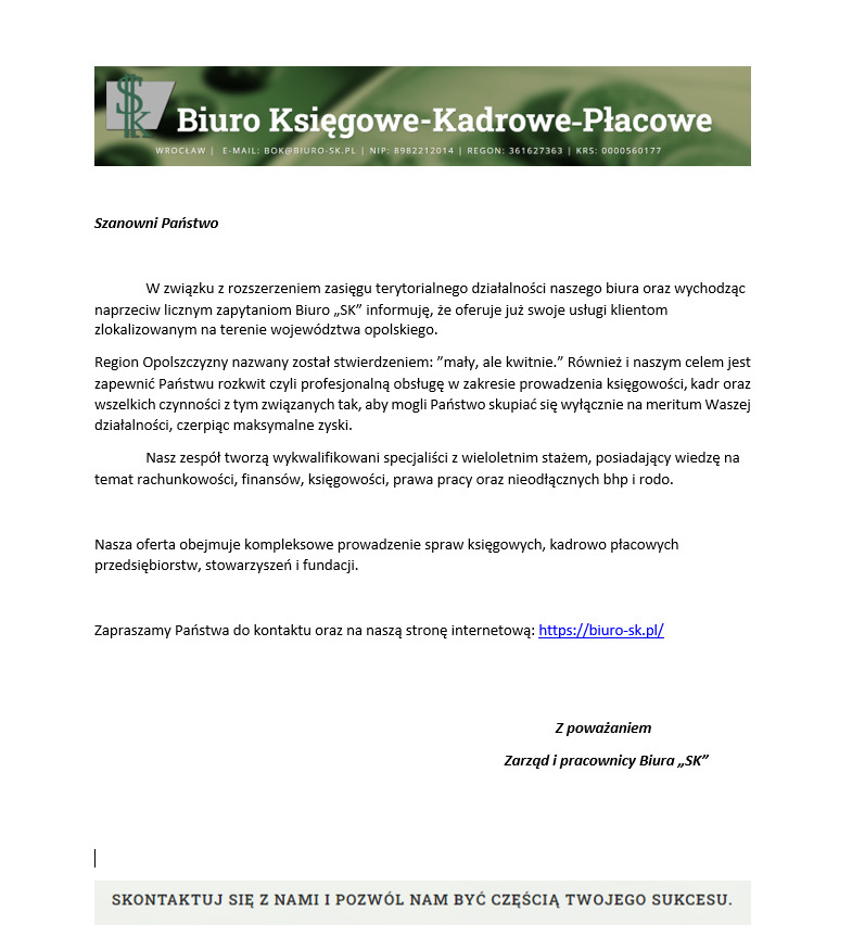 Oficjalny komunikat Biura Księgowego-Kadrowego-Płacowego z Wrocławia, informujący o rozszerzeniu działalności na województwo opolskie, z zaproszeniem do kontaktu i adresem strony internetowej.