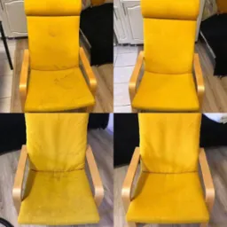 Ż&oacute;łty fotel z drewnianymi podłokietnikami, ujęcie typu 'przed i po' czyszczeniu tapicerki, widoczne plamy i r&oacute;żnica w odcieniu tkaniny.