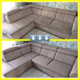 Porównanie narożnika w odcieniach beżu przed i po czyszczeniu tapicerki, widoczne znaczne różnice w czystości i odświeżeniu koloru.