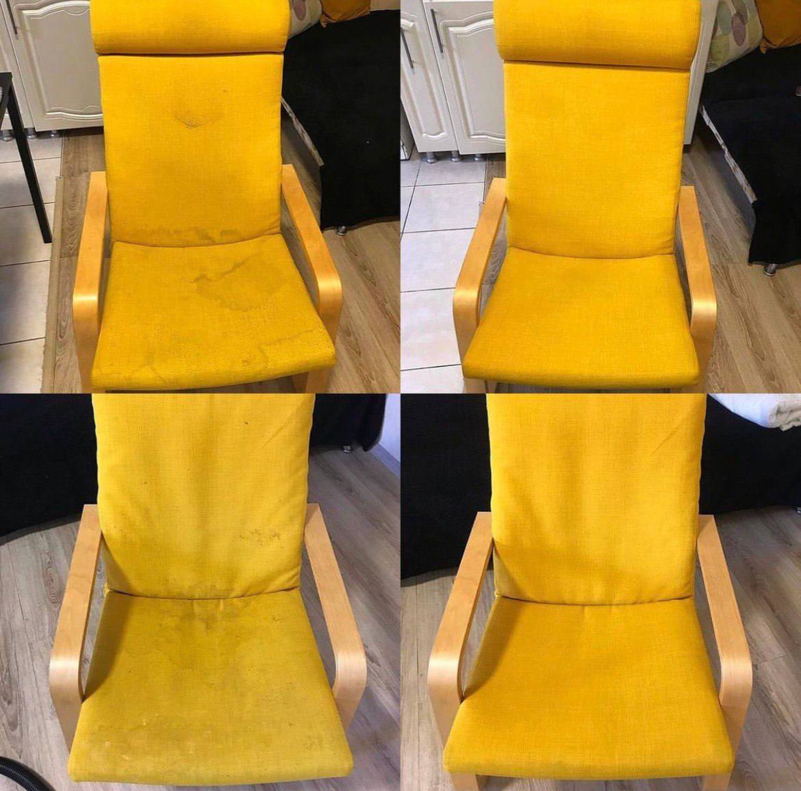 Żółty fotel z drewnianymi podłokietnikami, ujęcie typu 'przed i po' czyszczeniu tapicerki, widoczne plamy i różnica w odcieniu tkaniny.