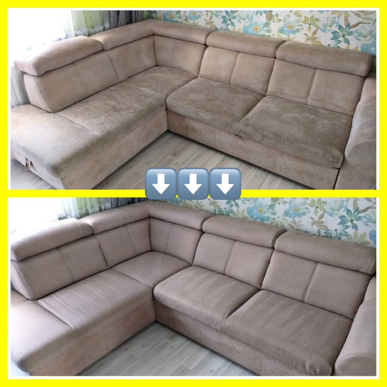 Porównanie narożnika w odcieniach beżu przed i po czyszczeniu tapicerki, widoczne znaczne różnice w czystości i odświeżeniu koloru.