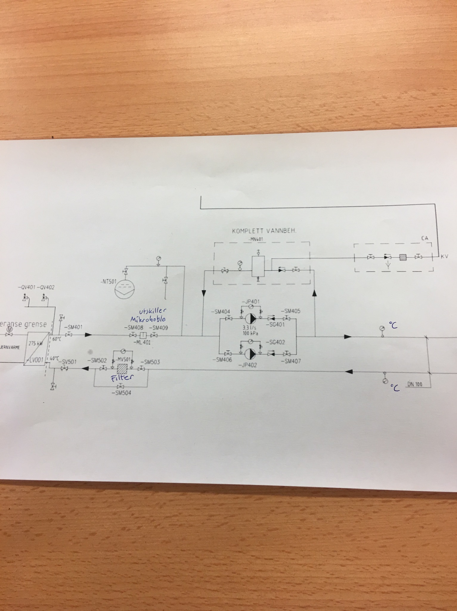 Schemat instalacji grzewczej lub hydraulicznej z naniesionymi oznaczeniami, widok z góry na białej kartce papieru leżącej na drewnianym blacie.