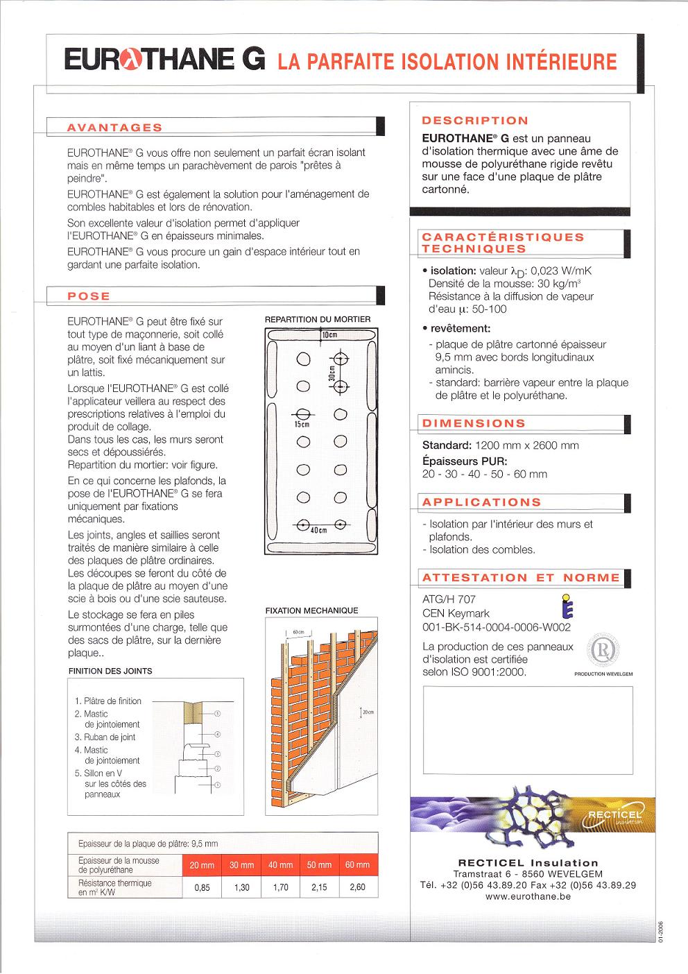 Schemat montażu i wykończenia paneli izolacyjnych Eurothane G, prezentujący rozkład zaprawy, mocowanie mechaniczne, wykończenie spoin, oraz dane techniczne produktu.